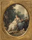 Jean Baptiste Hilaire, Two Prints: La Lecture and Ka Leçon de Musique, Unsigned. Color collotypes on paper, sight size 9 3/8 x 7 3/8 in. (23.8 x 18.8 cm) (oval)