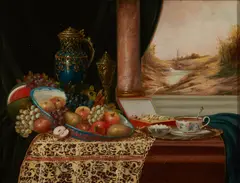 Johan K. Reinprecht, Still Life of Fruit with View of a Landscape