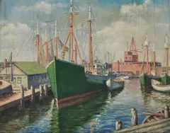 Carmine A. Carbone, Harbor Scene with Vessels at a Wharf, oil on canvas