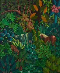 Jacques Geslin, Jungle Scene with Cow, Calf, and Horse, oil on canvas