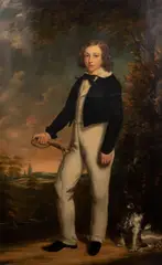 British School, Young Man in Riding Attire with his Spaniel, oil on canvas