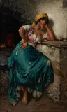 Alfred Guillaume Count d' Orsay, Young Gypsy Beauty Seated by a Stone Hearth, oil on canvas