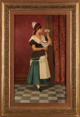 The Prying Maid by Vincent G. Stiepevich, oil on canvas, sold Apr 2023