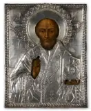 19th century, by Russian Icon of Nicolas, tempera on wood panel, with hallmarked silver oklad,  7 x 8 3/4 in, sold Apr 2023