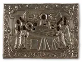 19th century, by Russian Icon of the Dormition, tempera on wood and with a silver 84 oklad,  5 5/8 x 7 3/4 in, sold Apr 2023