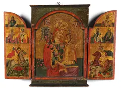 Greek School, Triptych Icon: The Mother of God of the Unfading Flower Surrounded by Saints, oil and gilt on wood tabernacle frame with demilune doors