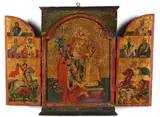 Greek School, Triptych Icon: The Mother of God of the Unfading Flower Surrounded by Saints, oil and gilt on wood tabernacle frame with demilune doors