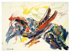 Karel Appel, L' oiseau, 1959, Farbkreide über Deckfarbe auf schwerem Velin (Prägestempel: Véritable Papier d'Arches Torchon)