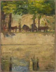 Lesser Ury, Pferdefuhrwerke am Landwehrkanal, Berlin, 1888, Öl auf Leinwand. Doubliert