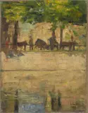 Lesser Ury, Pferdefuhrwerke am Landwehrkanal, Berlin, 1888, Öl auf Leinwand. Doubliert