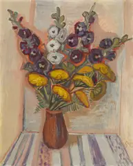 Blumen in braunem Krug by Otto Dix, 1955, Öl auf Hartfaser, sold Nov 2025