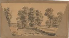 Caspar David Friedrich, Landschaft mit Wehr, Um 1799, Tuschfeder in Grau, laviert, auf braunem Papier