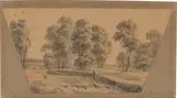 Caspar David Friedrich, Landschaft mit Wehr, Um 1799, Tuschfeder in Grau, laviert, auf braunem Papier