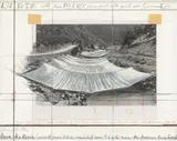 Christo, Over the River (Project), 1992, Grafit, Kohle, Wachskreide, Lackfarbe, Schwarzweißfotografie und Klebestreifen auf Karton, im originalen Acrylglasrahmen