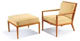 Pair of lounge chairs and one foot stool by T. H. Robsjohn-Gibbings, c. 1950, Widdicomb, sold May 2012