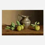 William Acheff, Apples and Pewter, 1993, oil on linen over board