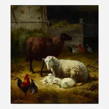 Sheep in Stable by Eugène Rémy Maes, oil on canvas, sold Jun 2021