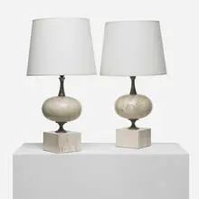 Philippe Barbier, table lamps, pair, c. 1965, travertine, aluminum, brass, linen, ceramic