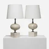 Philippe Barbier, table lamps, pair, c. 1965, travertine, aluminum, brass, linen, ceramic