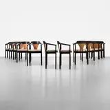 Edward Wormley, dining chairs, set of twelve, c. 1967, lacquered mahogany, rosewood, upholstery