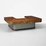 Cityscape executive desk by Paul Evans, c. 1970, walnut and maple burl, bronze-plated steel, aluminum, sold Sep 2012