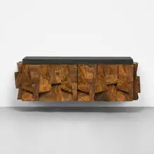 Paul Evans, wall-mounted faceted cabinet, c. 1975, walnut burl, lacquered fiberglass