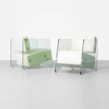 lounge chairs, pair by Denham MacLaren, c. 1980, glass, leather, chrome-plated steel, sold Sep 2012