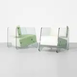 Denham MacLaren, lounge chairs, pair, c. 1980, glass, leather, chrome-plated steel