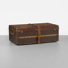 Louis Vuitton, train case, c. 1945, vinylized canvas, leather, brass, beech, linen