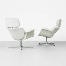 Tulip lounge chairs, pair by Pierre Paulin, 1963, upholstery, matte chrome-plated steel, sold Sep 2012