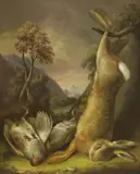 Untitled by English School, English School (19th century) PARTRIDGE AND HARE Oil on canvas 76 x 64cm, sold Apr 2019