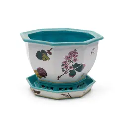 Minton Earthenware Cachepot and Underplate, Untitled, 1870, octagonal shape with polychrome enamel decorated blossoms, birds and insects