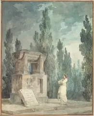 Hubert Robert, Entwurf für ein Grabmal, 1798, Aquarell und Feder in Schwarz über Bleistift auf Velin, mit braun bemaltem Papierrand gerahmt