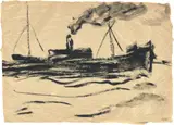 Emil Nolde, Qualmendes Dampfschiff“ (Hamburger Hafen), 1910, Tuschpinsel auf chamoisfarbenem Papier