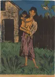 Otto Mueller, Stehende Zigeunerin mit Kind auf dem Arm, 1927, Farblithografie und rote Kreide auf braunem Papier