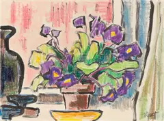 Usambaraveilchen by Karl Schmidt-Rottluff, Um 1955, Farbkreide und Tuschpinsel auf Papier, sold Jun 2022