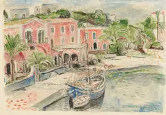 Hans Purrmann, Rote Häuser am Hafen (Ischia), 1958, Aquarell über Bleistift auf Velin