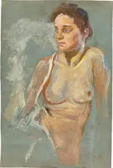 Max Klinger, Studien von zwei weiblichen Halbakten (vorder- und rückseitig), Um 1892, Öl auf blauem Karton