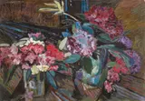 Blumenstilleben mit Rhododendron by Heinrich Vogeler, 1918, Öl auf Pappe, auf Holz aufgezogen, sold Jun 2021