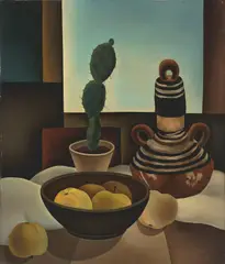 Eberhard Viegener, Stillleben mit Tongefäß, Kaktus und Äpfeln, 1927, Öl auf Holz
