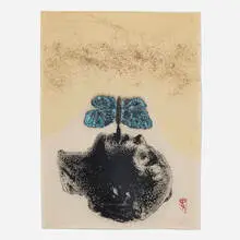 The Moth by Kiki Smith, 1996, woodcut with hand-coloring, glitter and layered collage, sold May 2021