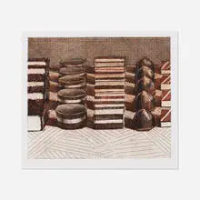 Wayne Thiebaud, Chocolates, 1993, color hard ground etching and drypoint in colors on Somerset Satin white paper