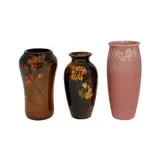 Standard Glaze vases decorated with cherry blossoms, two by Caroline Steinle for Rookwood Pottery, sold Apr 2021