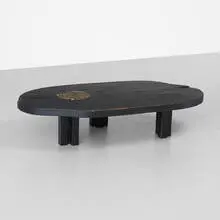 coffee table by Christian Krekels, c. 1980, stacked, carved and lacquered oak, enameled steel, bronze, sold Sep 2012