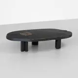 Christian Krekels, coffee table, c. 1980, stacked, carved and lacquered oak, enameled steel, bronze