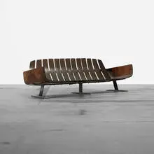 sofa by Jorge Zalszupin, c. 1970, rosewood plywood, enameled steel, chrome-plated steel, sold Apr 2012