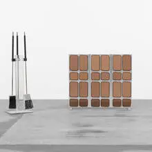 Modernist, fire screen and tools, c. 1965, aluminum, acrylic, chrome-plated steel, chrome-plated brass, plastic