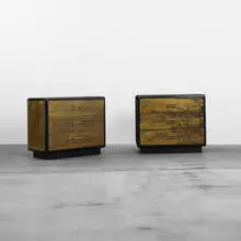 Mastercraft, cabinets, pair, c. 1975, acid-etched brass, lacquered wood, bronze