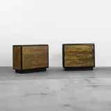 Mastercraft, cabinets, pair, c. 1975, acid-etched brass, lacquered wood, bronze
