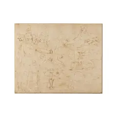 dit Il Semolei Battista Franco, La Fermeté de Mucius Scaevola, pen and brown ink, on paper, laid down on a Mariette mount